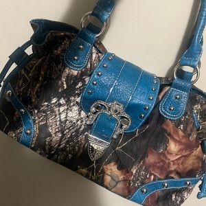 Western style real tree camo bag blue with rhinestones belt